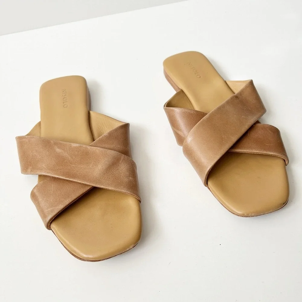 Nisolo Catalina Slide Sandals Slip On Cross Square Toe Almond‎ Tan Size 9.5